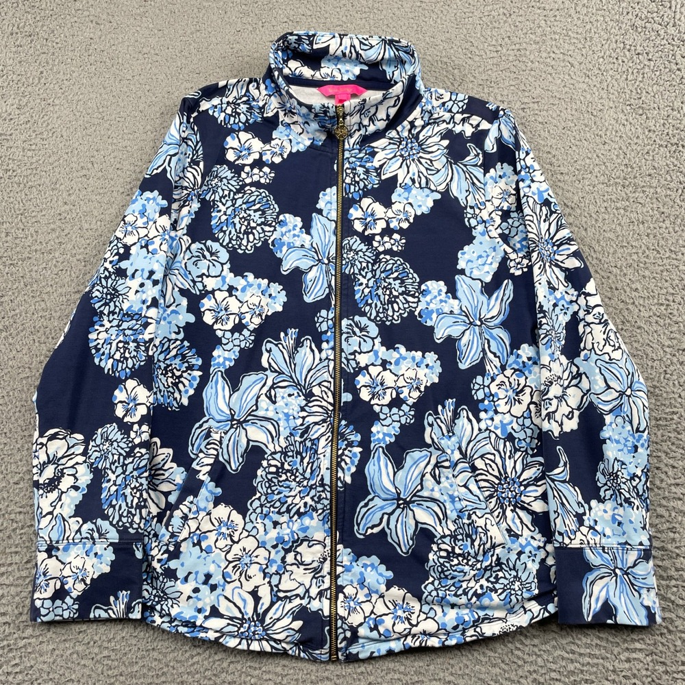 Lilly Pulitzer Jacket Womens L Blue Floral Full Zip Mock Neck Cotton 004884